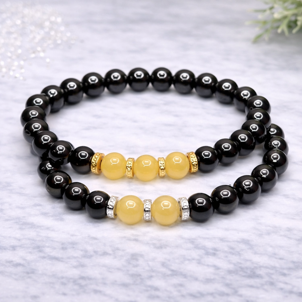 Couple Bracelets Made of Hematite and Agate 