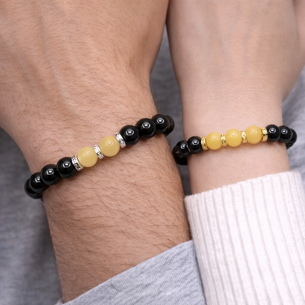 Couple Bracelets Made of Hematite and Agate 