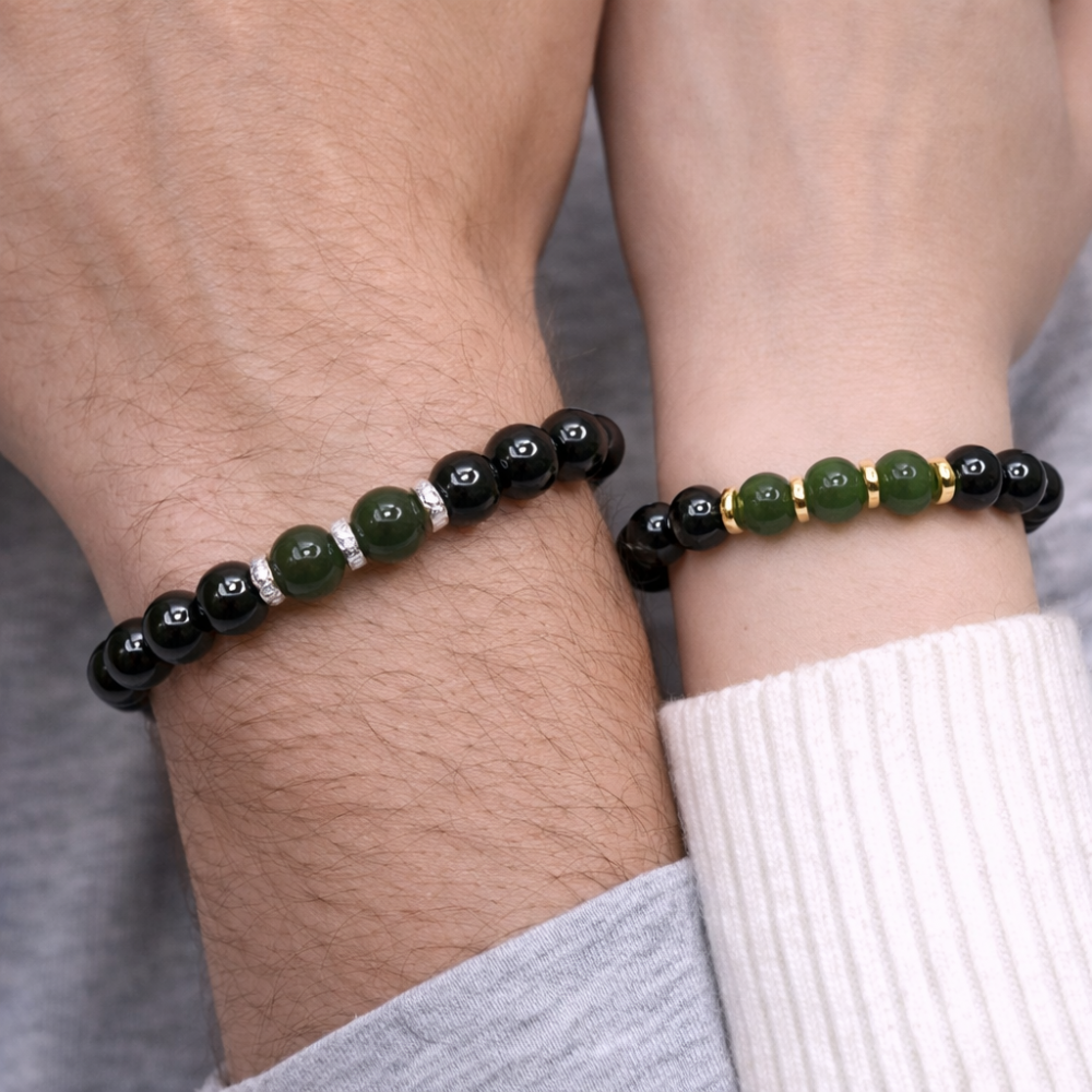Couple Bracelets Made of Hematite and Agate 