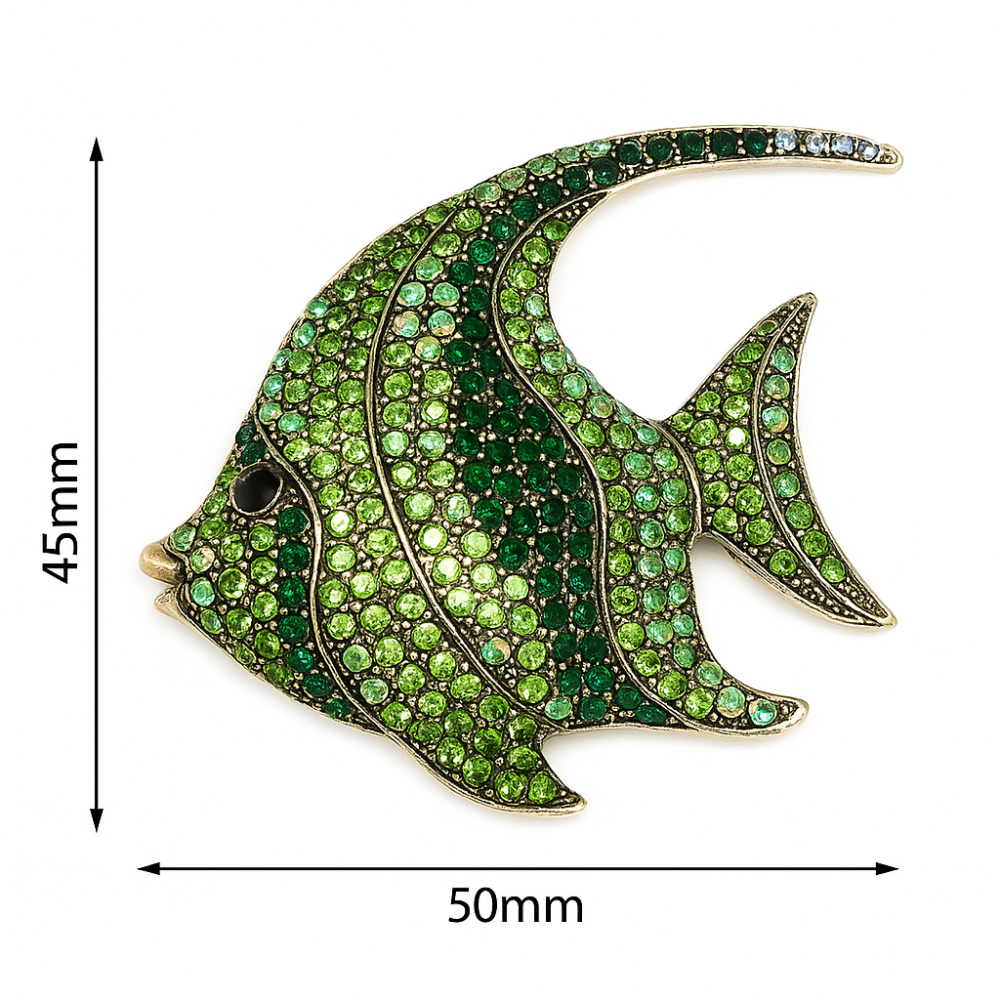 Stylish fish-shaped brooch decorated with sparkling green rhinestones of various shades. (6502)