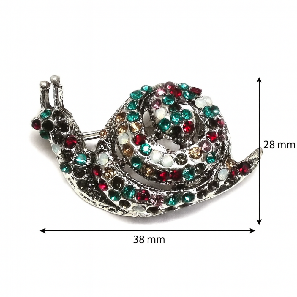 Bright brooch in the shape of a snail, decorated with multicoloured rhinestones (6553)