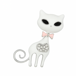 An elegant brooch in the shape of a white cat — a stylish and delicate accessory with sparkling rhinestones and a cute pink bow. (6745)