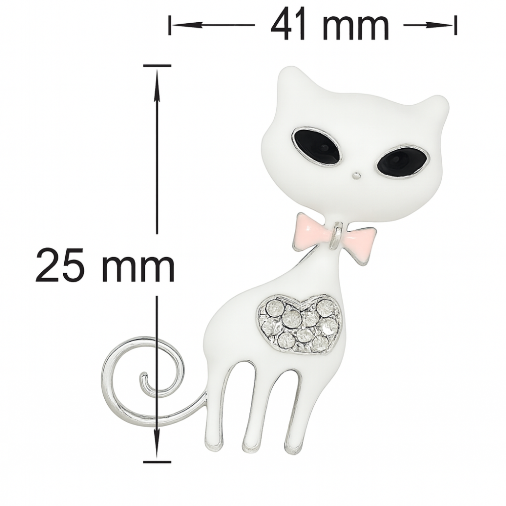 An elegant brooch in the shape of a white cat — a stylish and delicate accessory with sparkling rhinestones and a cute pink bow. (6745)