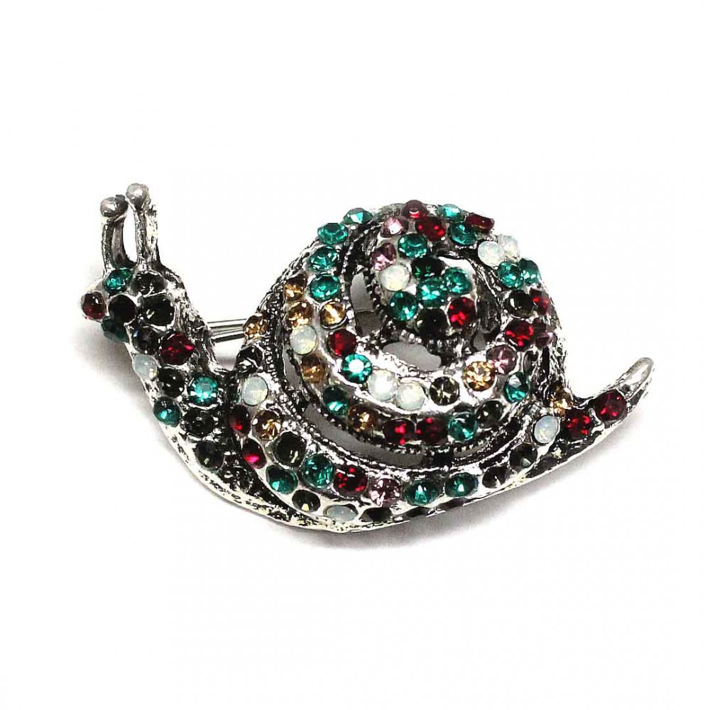 Bright brooch in the shape of a snail, decorated with multicoloured rhinestones (6553)