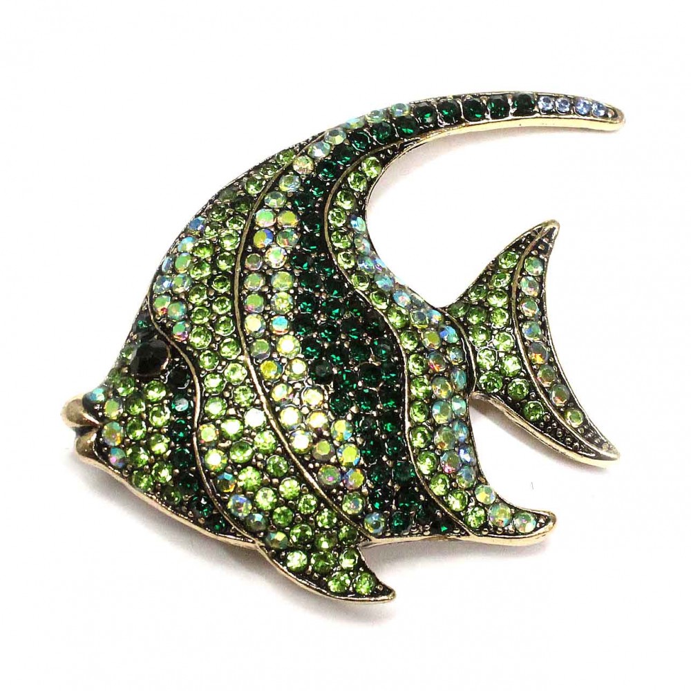 Stylish fish-shaped brooch decorated with sparkling green rhinestones of various shades. (6502)