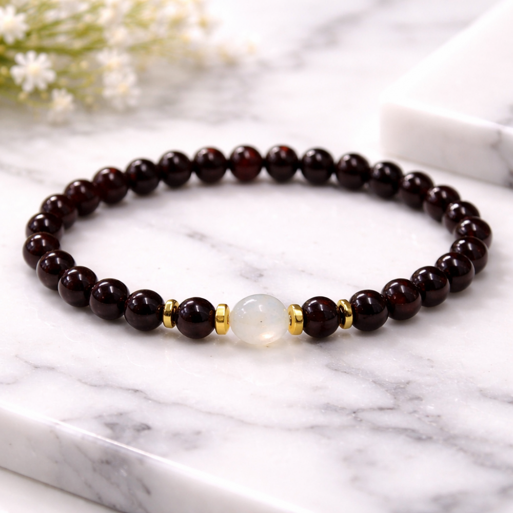 Bracelet made of Garnet, Moonstone and Hematite