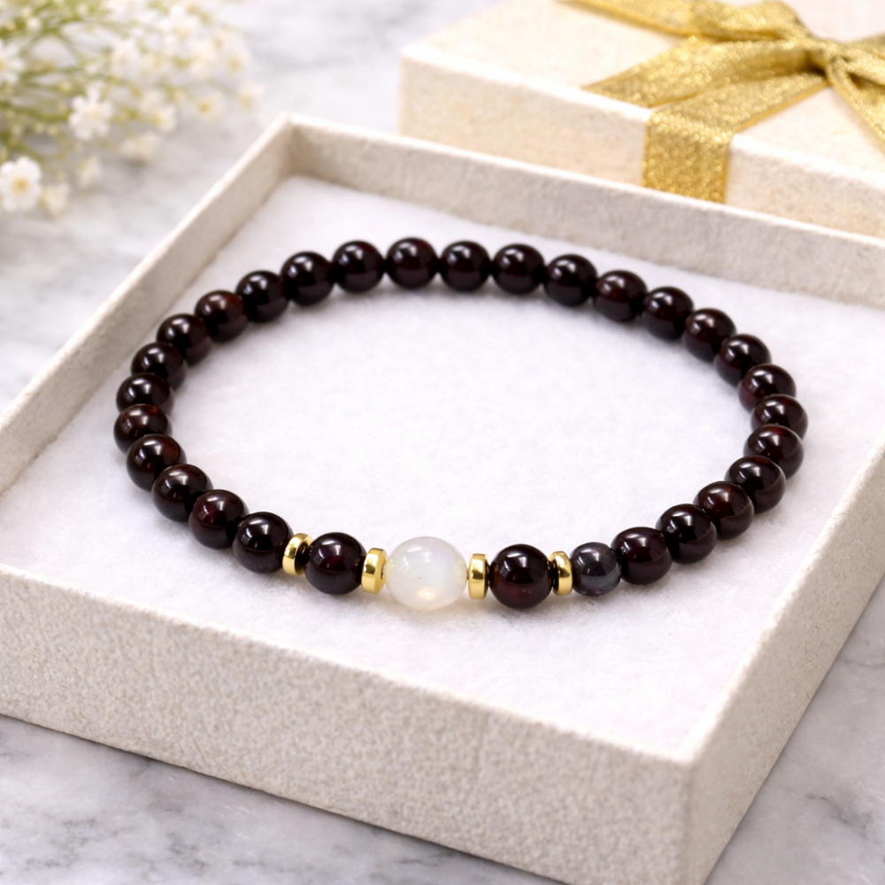 Bracelet made of Garnet, Moonstone and Hematite