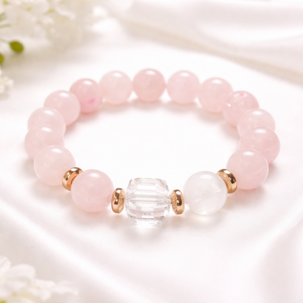 Natural Rose Quartz Bracelet with Hematite and Rock Crystal