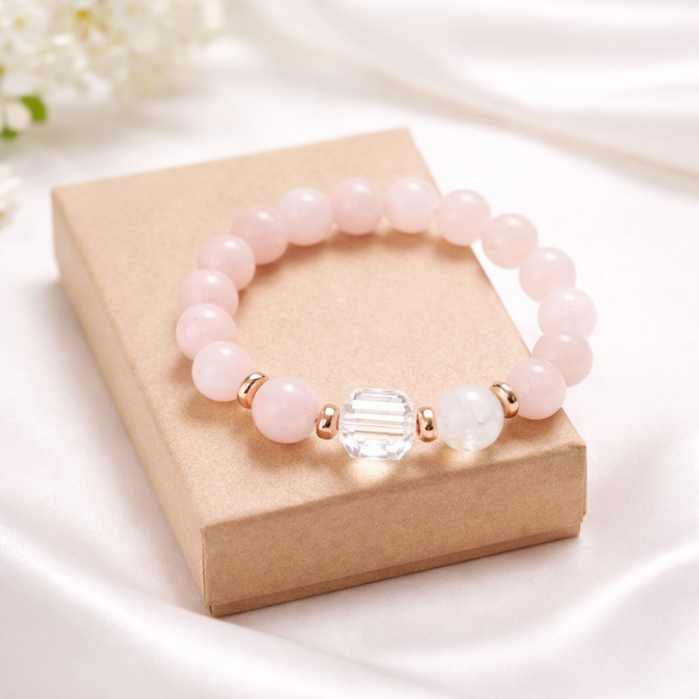 Natural Rose Quartz Bracelet with Hematite and Rock Crystal