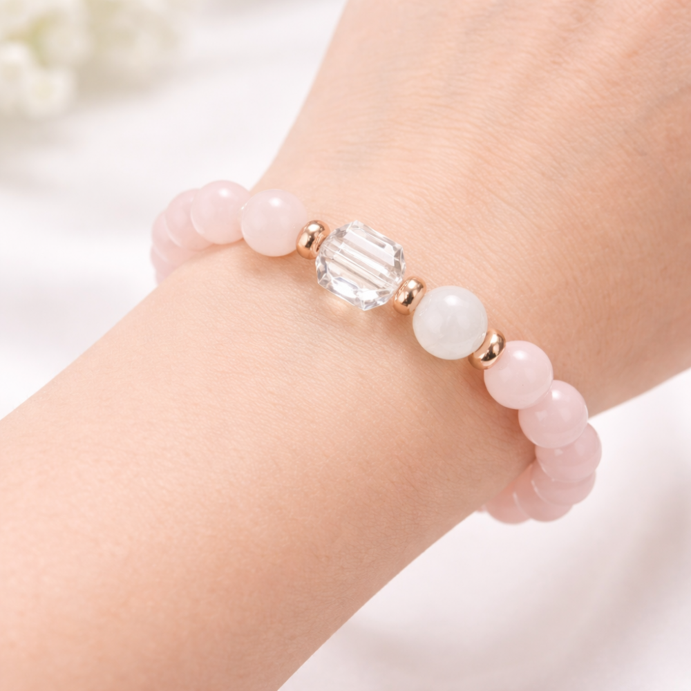 Natural Rose Quartz Bracelet with Hematite and Rock Crystal