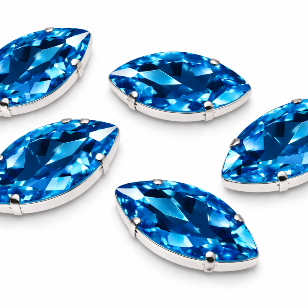 Blue Marquise Crystal 30×17 mm in Silver Setting – 5 pcs